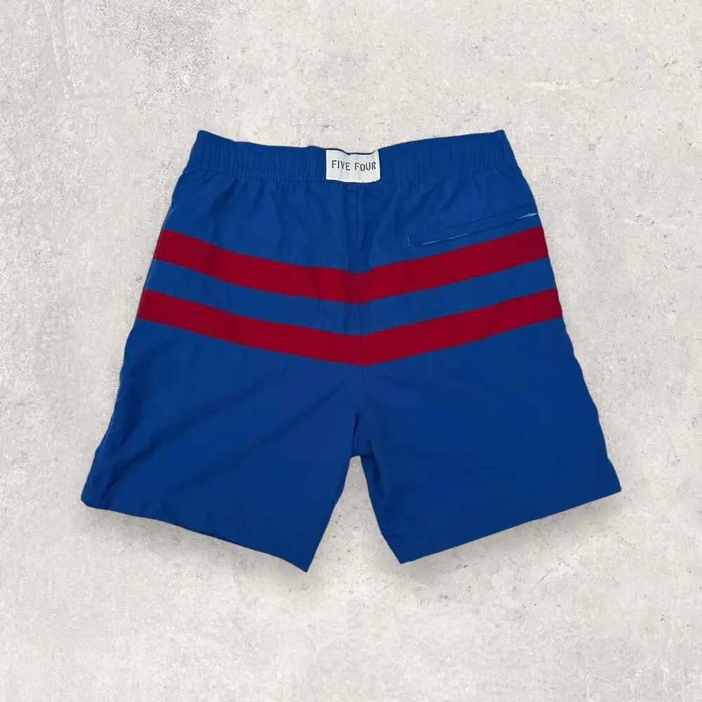 Vintage Five Four Men’s Blue Swim Shorts with Red Stripes Sz: 30